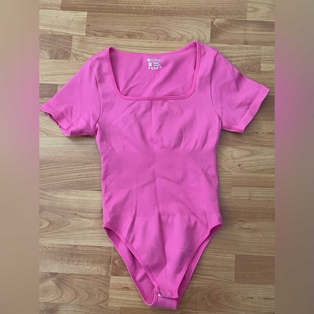 Women- Pink Bodysuit One Piece with Square Neckline and Short Sleeves